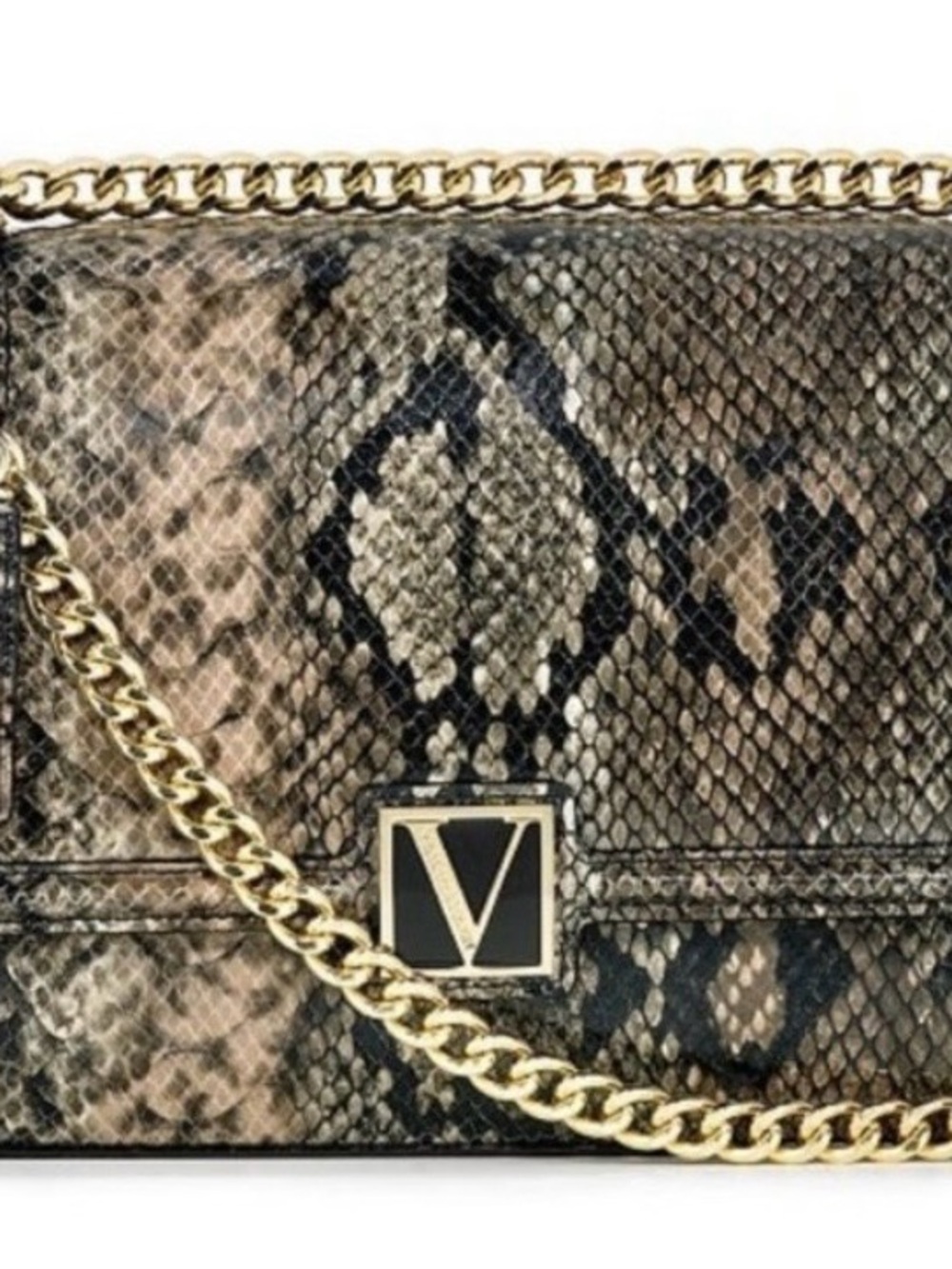Victoria's Secret Snake-Print Crossbody Bag in Brown and Black with Gold Chain